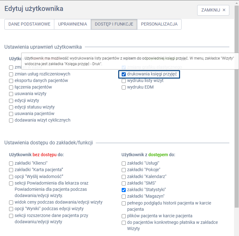 Instrukcja proassistwidok systemu-edycja użytkownika zaznaczona opcja drukowania księgi przyjęć