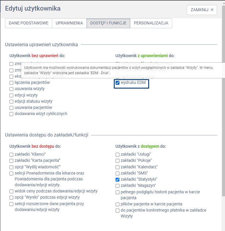 Instrukcja proassist-widok systemu-edycja użytkownika zaznaczona opcja wydruku EDM