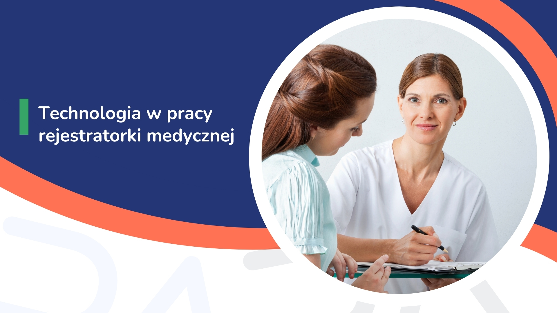 Grafika plakatu: ciemnoniebieski blok z białym tekstem oraz zielona wstążka; na prawym tle okrągłe zdjęcie dwóch kobiet w rozmowie nad dokumentami, ot
