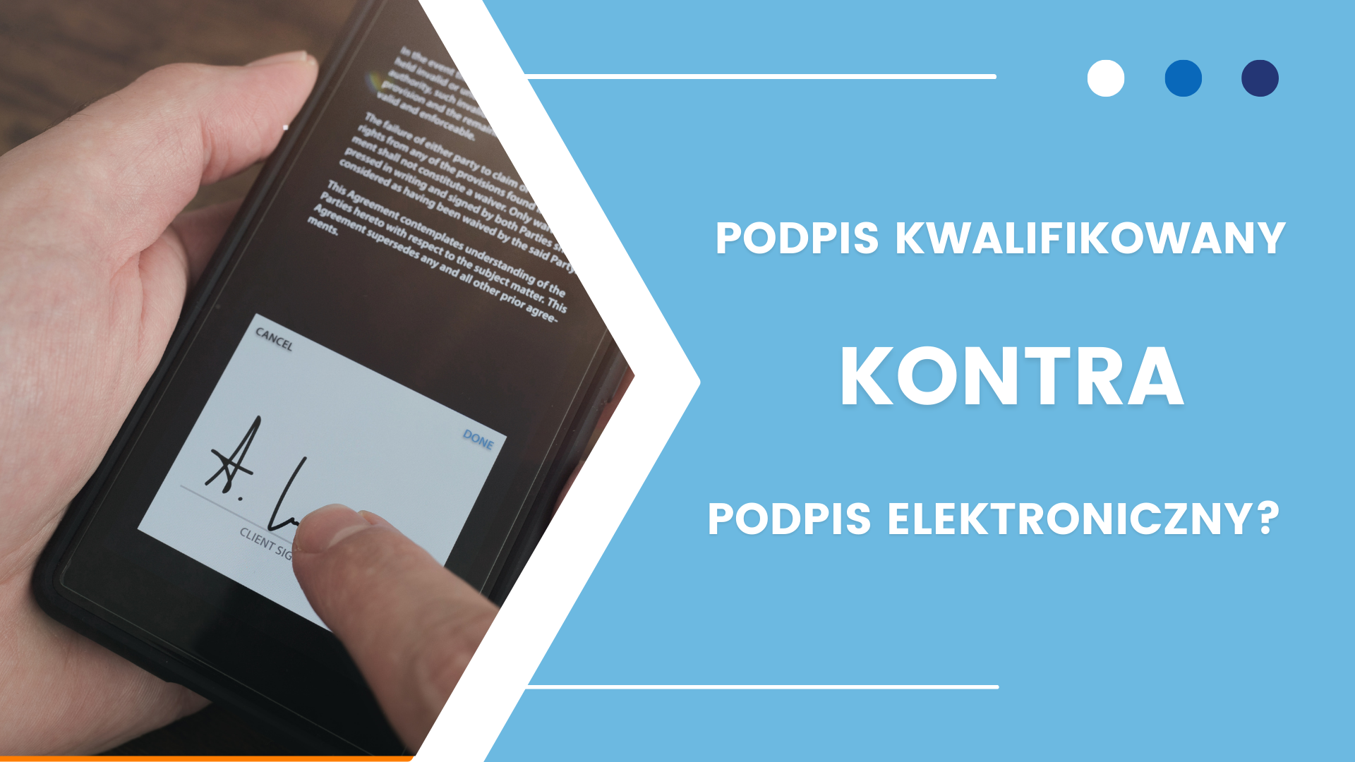 Podpis kwalifikowany kontra elektroniczny, ręka trzyma smartfona z podpisem cyfrowym.