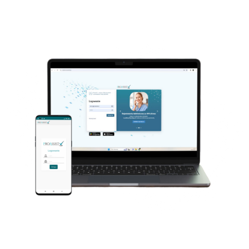 Laptop and smartphone displaying Proassiste login screen with fields for username and password.