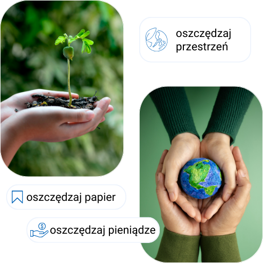 Seedling in hands and globe held by four hands with captions on conserving space, paper, money.