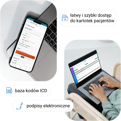 Urządzenia mobilne i laptop z medycznymi aplikacjami, dostęp do kartotek, kody ICD, e-podpisy.