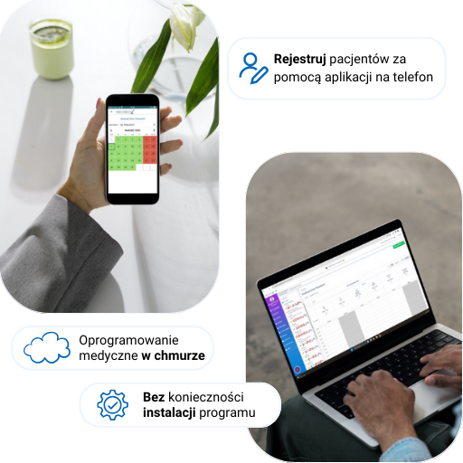 Osoby korzystające z aplikacji medycznej na telefonie i laptopie do rejestracji pacjentów.