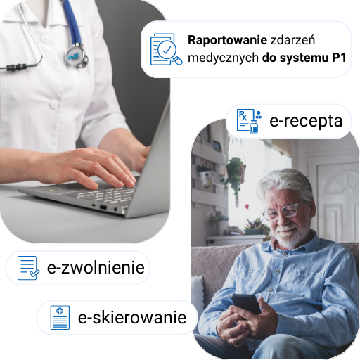 Osoba przy laptopie raportuje zdarzenia medyczne, starszy mężczyzna korzysta z e-usług.