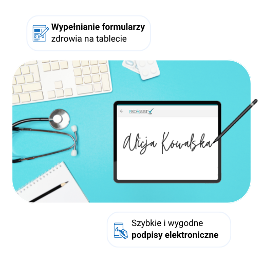 Tablet, stetoskop i klawiatura na tle, promujące podpisy elektroniczne i formularze zdrowotne.