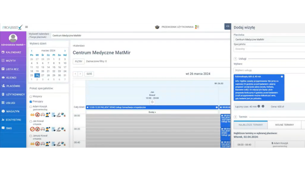 Ekran systemu wizyt MatMir z kalendarzem i panelami dodawania wizyt i kosztów.