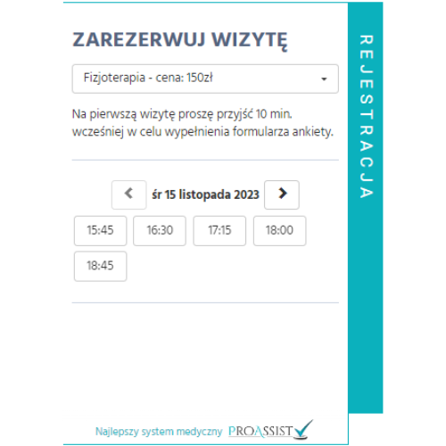 Booking a physical therapy appointment for November 15, 2023, at 150 PLN with available time slots.