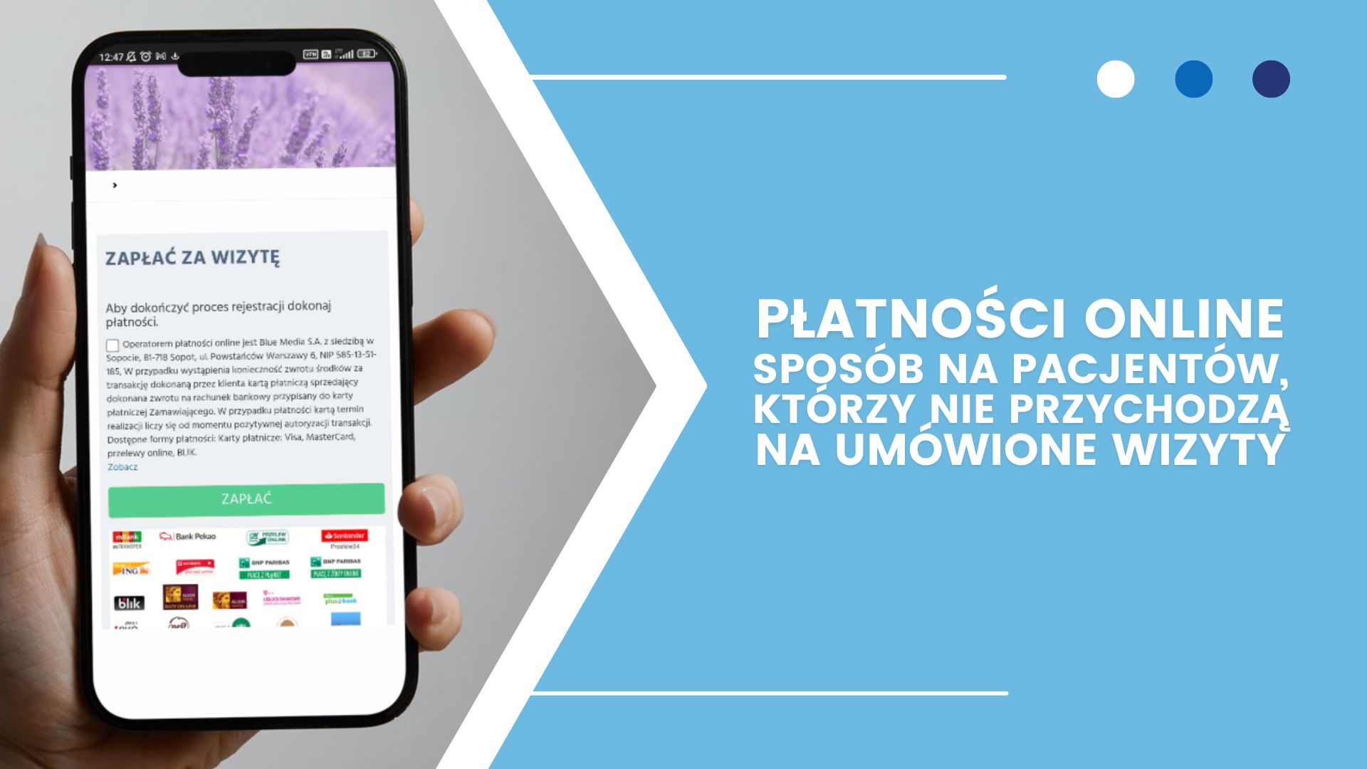 Smartfon z ekranem płatności online do rezerwacji wizyt, tekst o opłatach za wizyty.