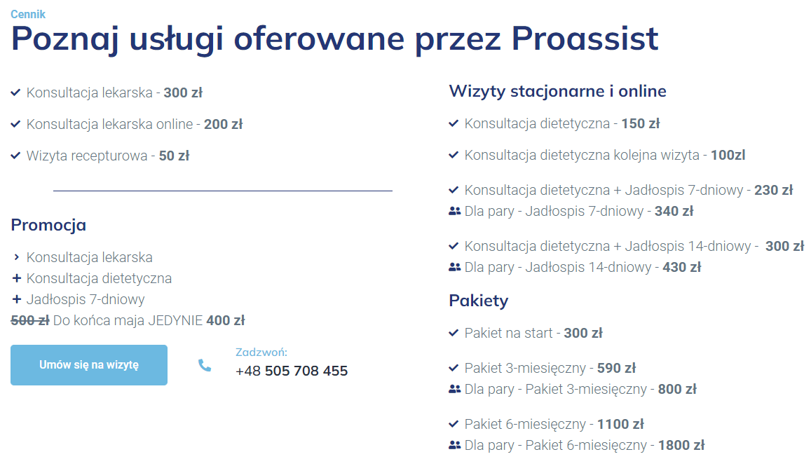 Cennik usług medycznych i dietetycznych Proassist, wizyta lekarska od 50 zł, dietetyczna od 100 zł.