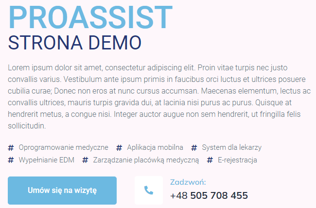 Demo strony ProAssist z informacjami o oprogramowaniu medycznym i możliwością rejestracji.