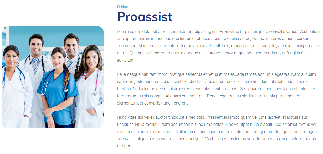 Grupa medyków w uniformach na niebieskim tle obok tekstu "Proassist" i Lorem Ipsum.