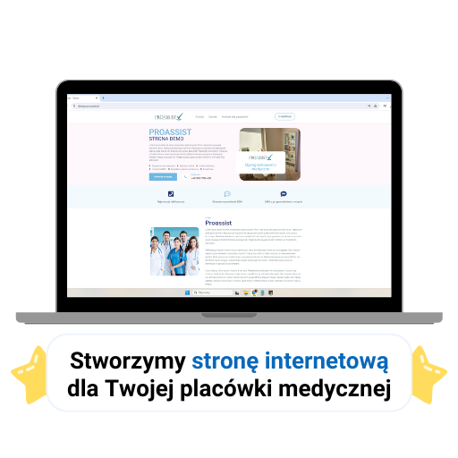 Laptop wyświetlający stronę Proassist; zaproszenie do stworzenia strony dla placówek medycznych.