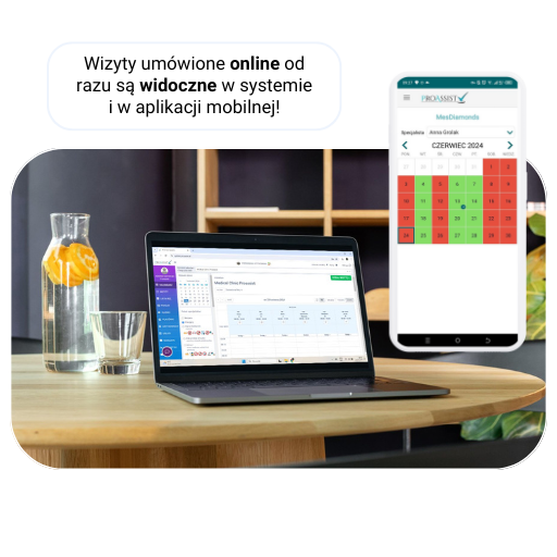 Laptop i telefon na stole z aplikacją do zarządzania wizytami online visible.