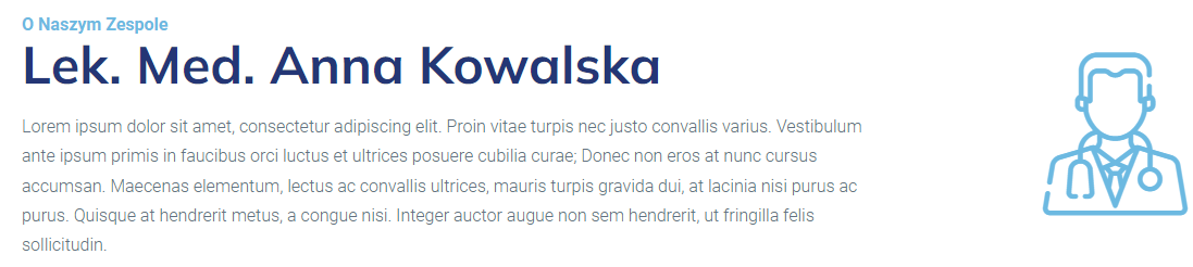Sekcja o Lek. Med. Annie Kowalskiej z ikoną lekarza w kitlu i tekstem zastępczym.