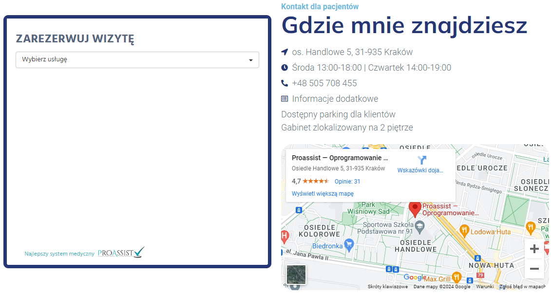 Rezerwacja wizyt, godziny otwarcia, parking, mapa lokalizacji w Krakowie, Os. Handlowe 5.