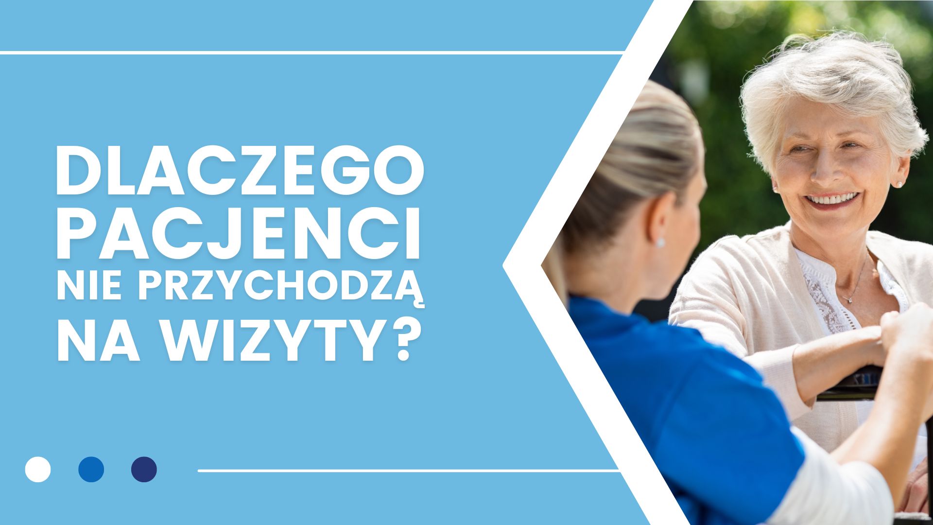 Napis "Dlaczego pacjenci nie przychodzą na wizyty?" z kobietą i osobą medyczną na niebieskim tle.