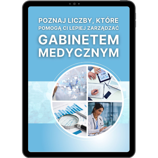 Okładka broszury o zarządzaniu gabinetem medycznym z ilustracjami i niebieskim tłem.