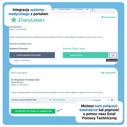 Integracja gabinetu z portalem ZnanyLekarz, wybór poradni i lekarza, opcja zatwierdzenia.