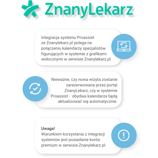 Integracja Proassist z ZnanyLekarz, wymagany premium. Kalendarze synchronizują się automatycznie.