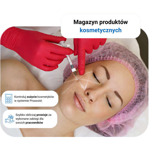 Kobieta podczas zabiegu kosmetycznego strzykawką, czerwona rękawiczka, Proassist system.