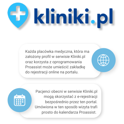 Logo kliniki.pl z niebieskim krzyżem, info o e-rejestracji i systemie Proassist dla pacjentów.