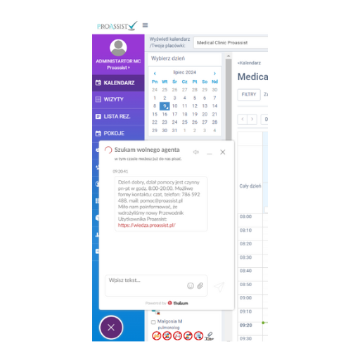 Medical appointment calendar with chat for assistance in Proassist app.