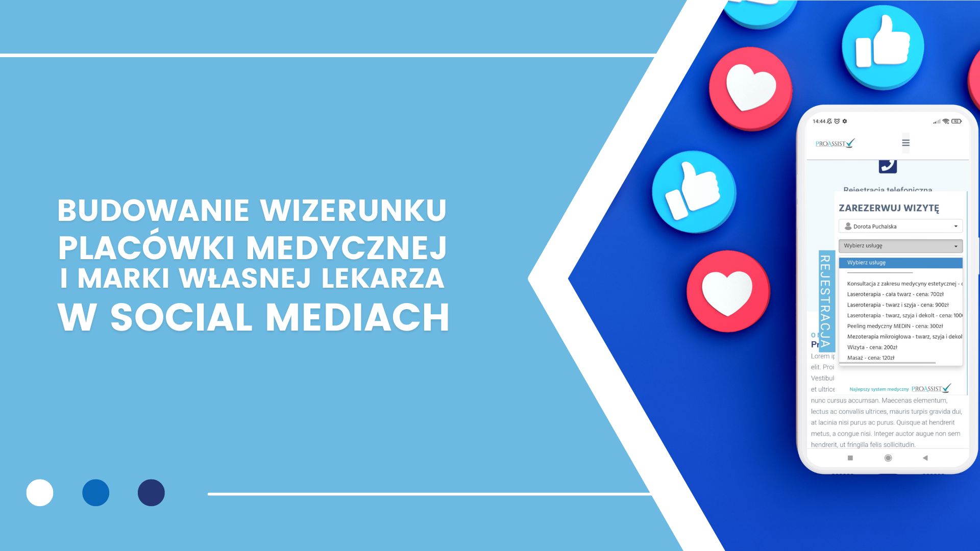 Smartphone z interfejsem rezerwacji usług medycznych, ikony social mediów, tło niebieskie.