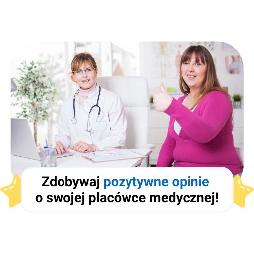 Lekarka i pacjentka w gabinecie, pacjentka pokazuje kciuk w górę, napis zachęcający.