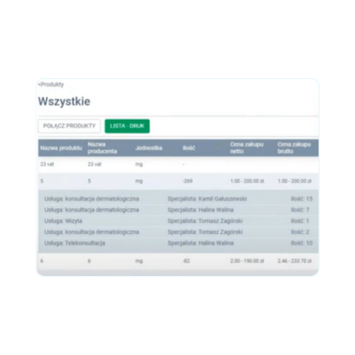 Lista usług dermatologicznych i telekonsultacji z cenami i danymi specjalistów.