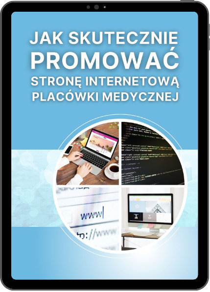 Tablet display showing medical website promotion guide with coding and design elements.