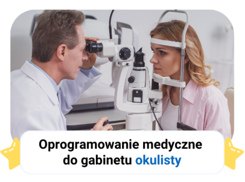 Lekarz bada wzrok pacjenta za pomocą urządzenia, promując oprogramowanie medyczne.