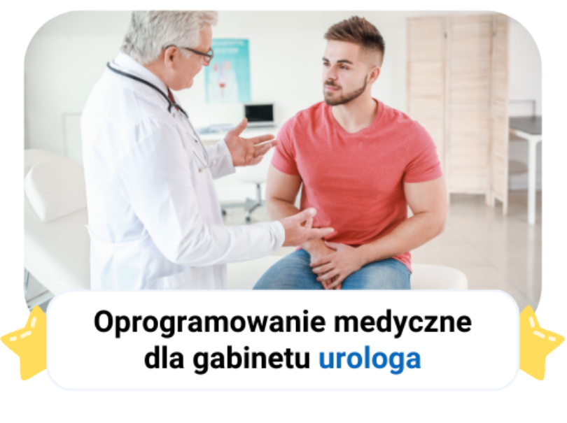 Lekarz rozmawia z pacjentem w gabinecie; napis reklamuje oprogramowanie urologiczne.