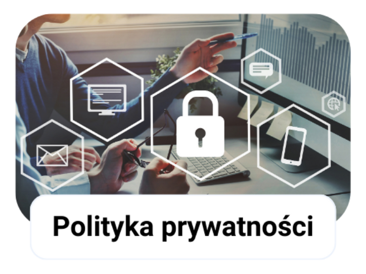 Ekran z grafiką o ochronie danych z ikonami i napisem "Polityka prywatności".