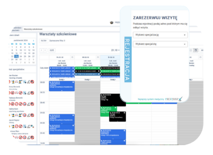 Interface systemu zarządzania harmonogramem z kalendarzem i formularzem rejestracji wizyt.