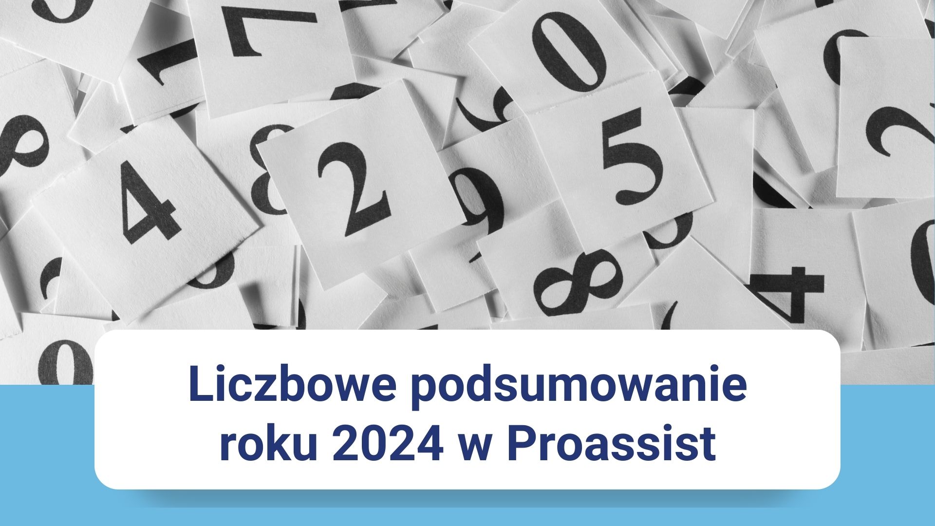 Kolaż papierowych kwadratów z liczbami, baner "Liczbowe podsumowanie 2024 w Proassist".