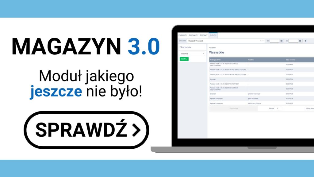 Nowe oprogramowanie magazynowe Magazyn 3.0 z interfejsem komputera i przyciskiem sprawdź.