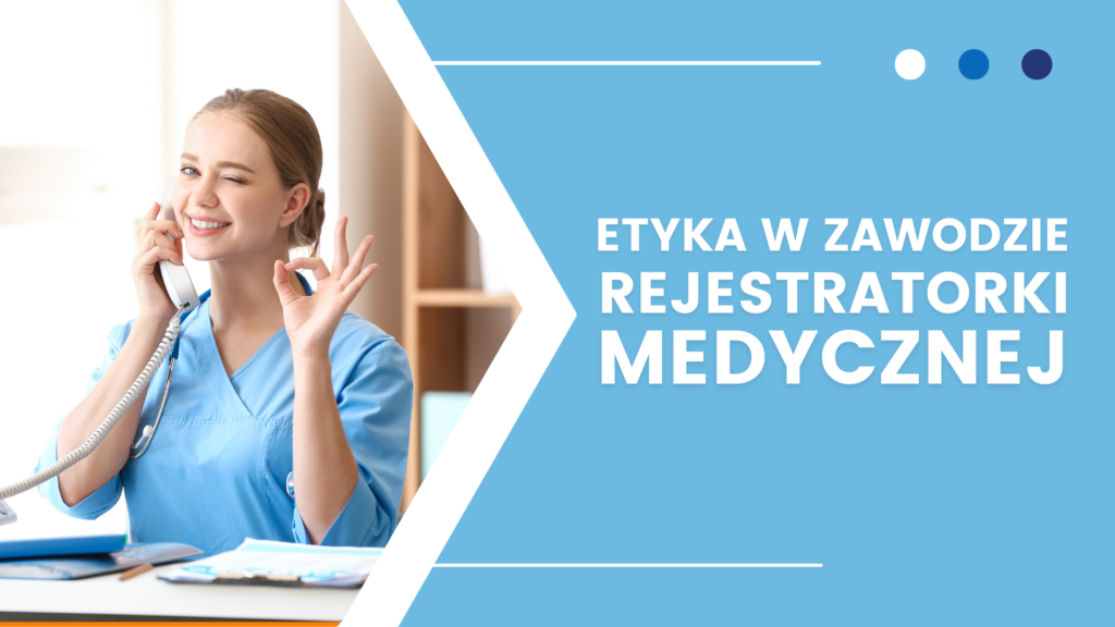Recepcjonistka medyczna w niebieskim stroju rozmawia przez telefon z gestem OK, tekst po polsku.
