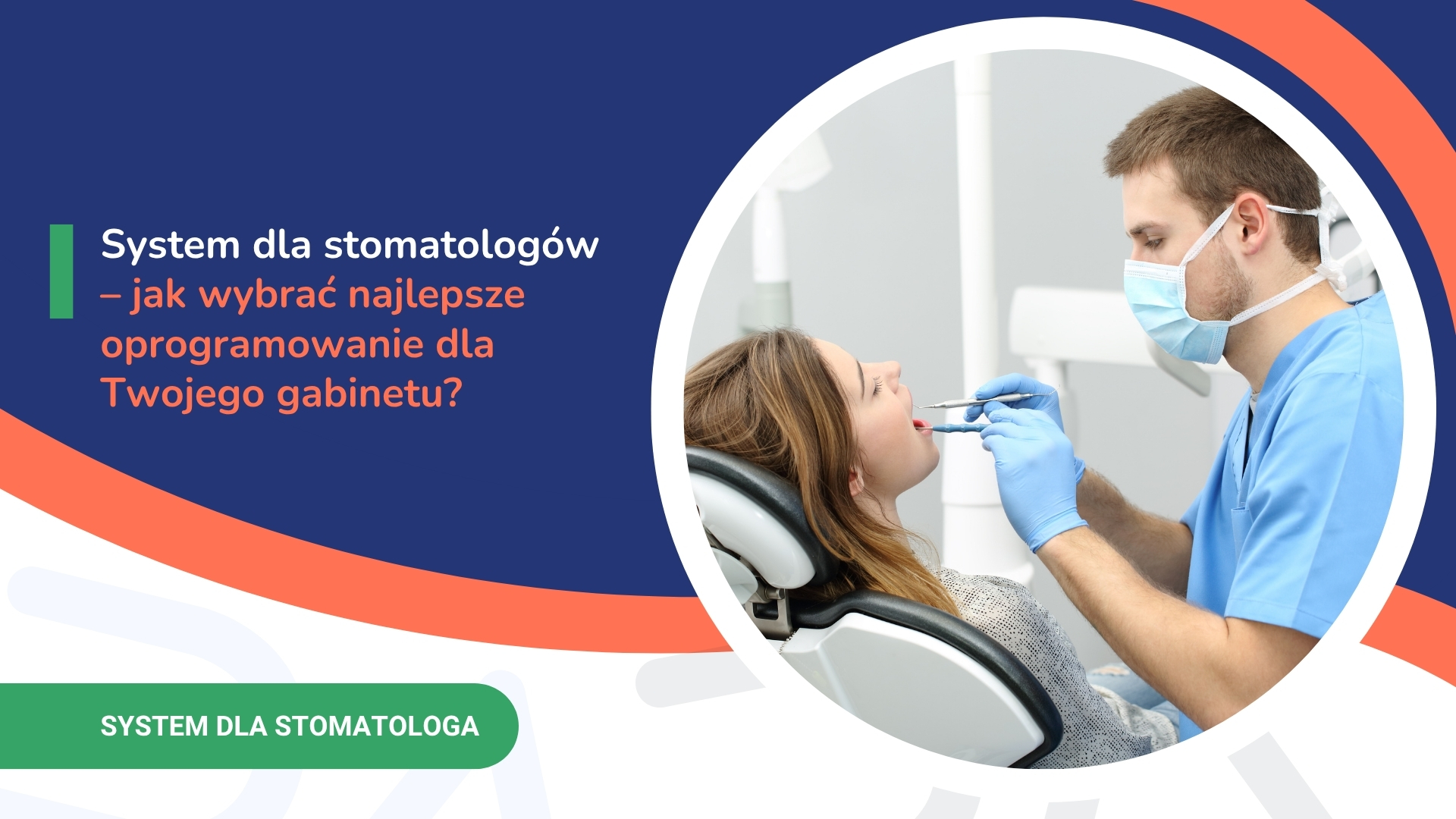 Dentysta bada pacjentkę w fotelu w kontrastowym, niebieskim tle i okrągłym kadrze.