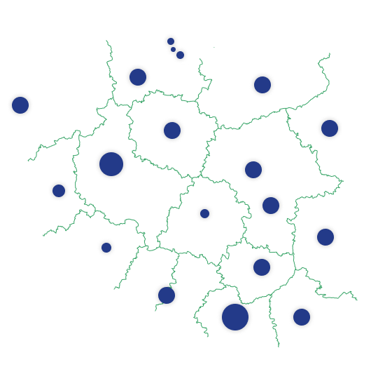 Mapa Polski z konturami województw i niebieskimi okręgami reprezentującymi statystyki.