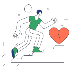 Osoba biegnąca po schodach, obok symbol serca z EKG, symbolizujący zdrowie i aktywność.