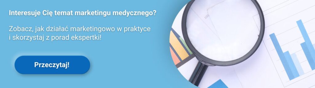 Promocja marketingu medycznego z tłem, tekstem i lupą na wykresach.