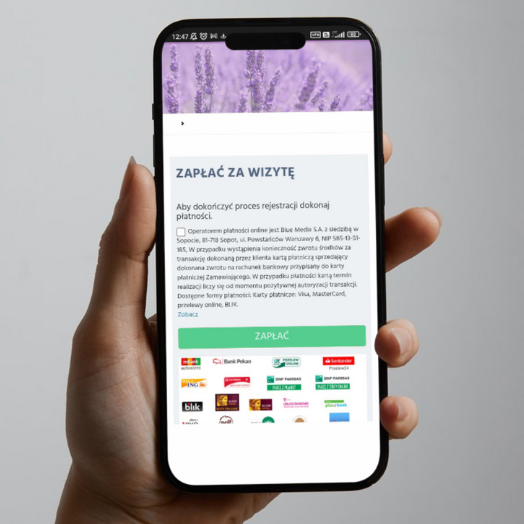 Telefon w ręce wyświetlający stronę płatności wizyty z opcjami kart i systemów online.