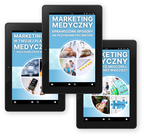 Trzy tablety pokazujące okładki e-booków o marketingu medycznym i strategiach dla gabinetów.