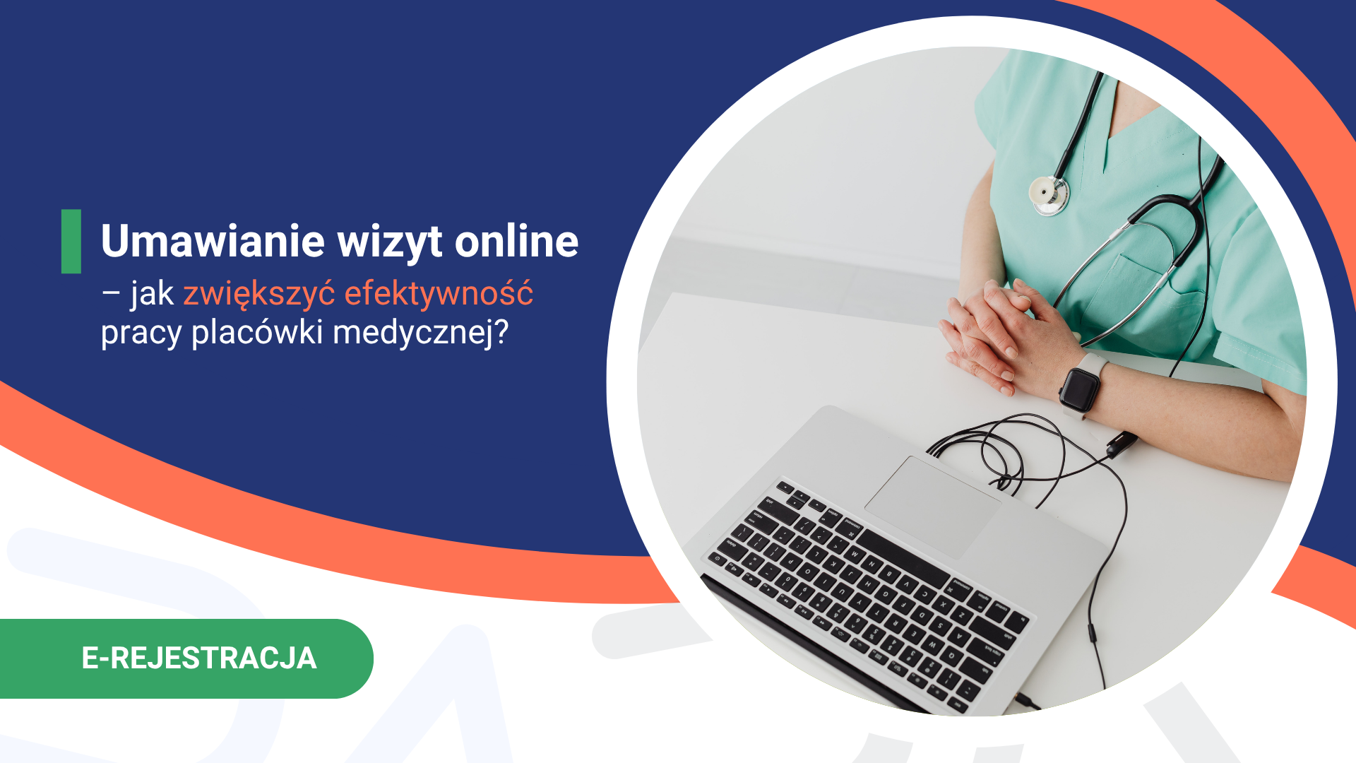 Reklama e-rejestracji wizyt medycznych online, laptop, osoba w medycznym stroju.