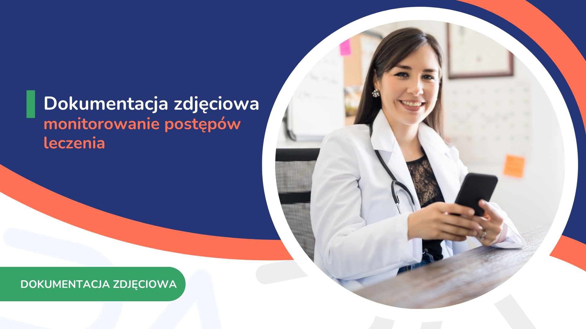 Kobieta w białym fartuchu z telefonem, biuro z dokumentami, tekst o dokumentacji leczenia.
