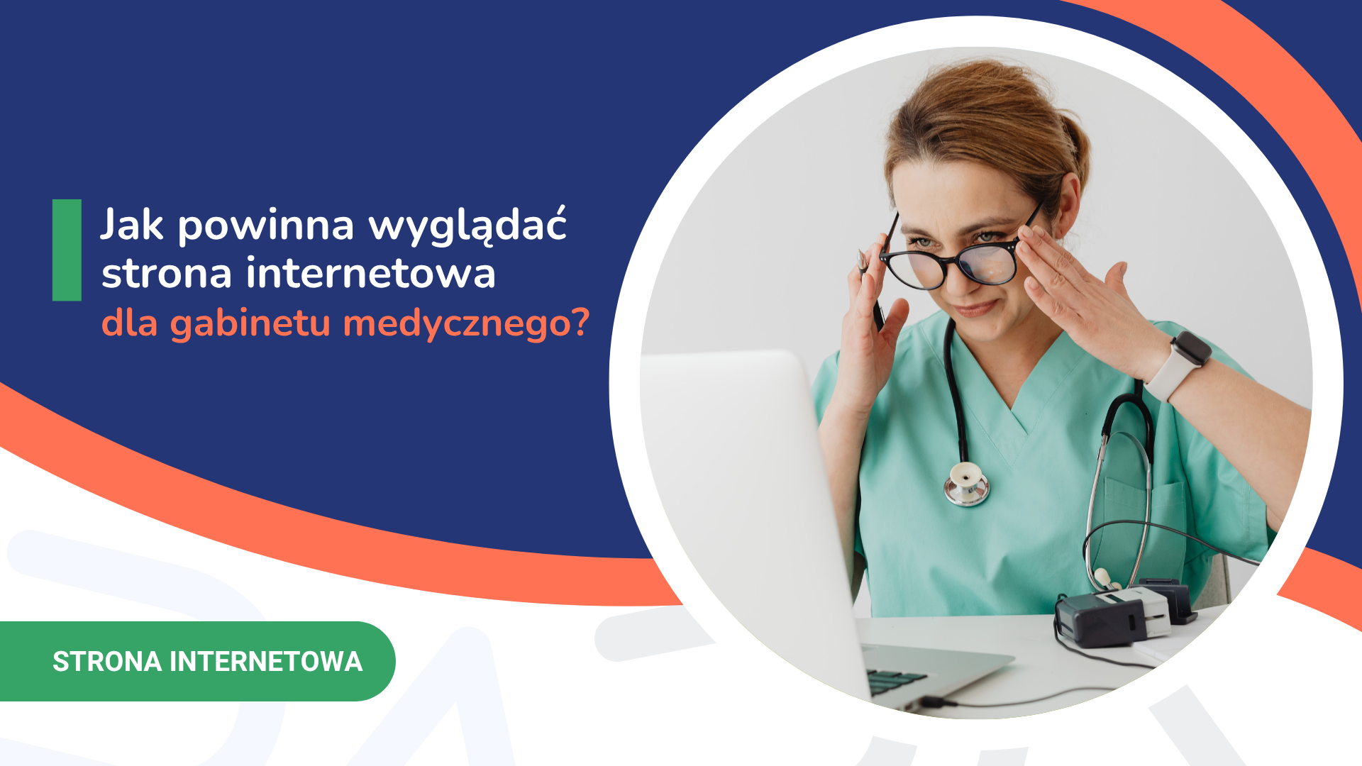 Osoba w stroju medycznym przy laptopie, temat projektowania stron dla gabinetów.