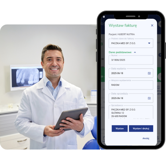 Mężczyzna w białym fartuchu w gabinecie medycznym z tabletem, obok smartfon z aplikacją faktury.