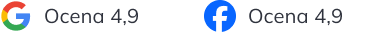 Oceny 4,9 z Google i Facebook na białym tle obok siebie.