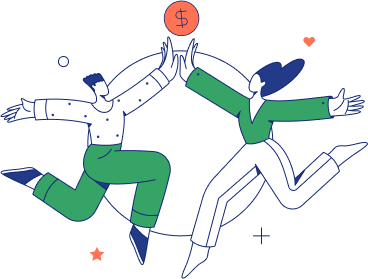 Dwóch ludzi przybija piątkę w powietrzu z monetą i dekoracjami wokół.